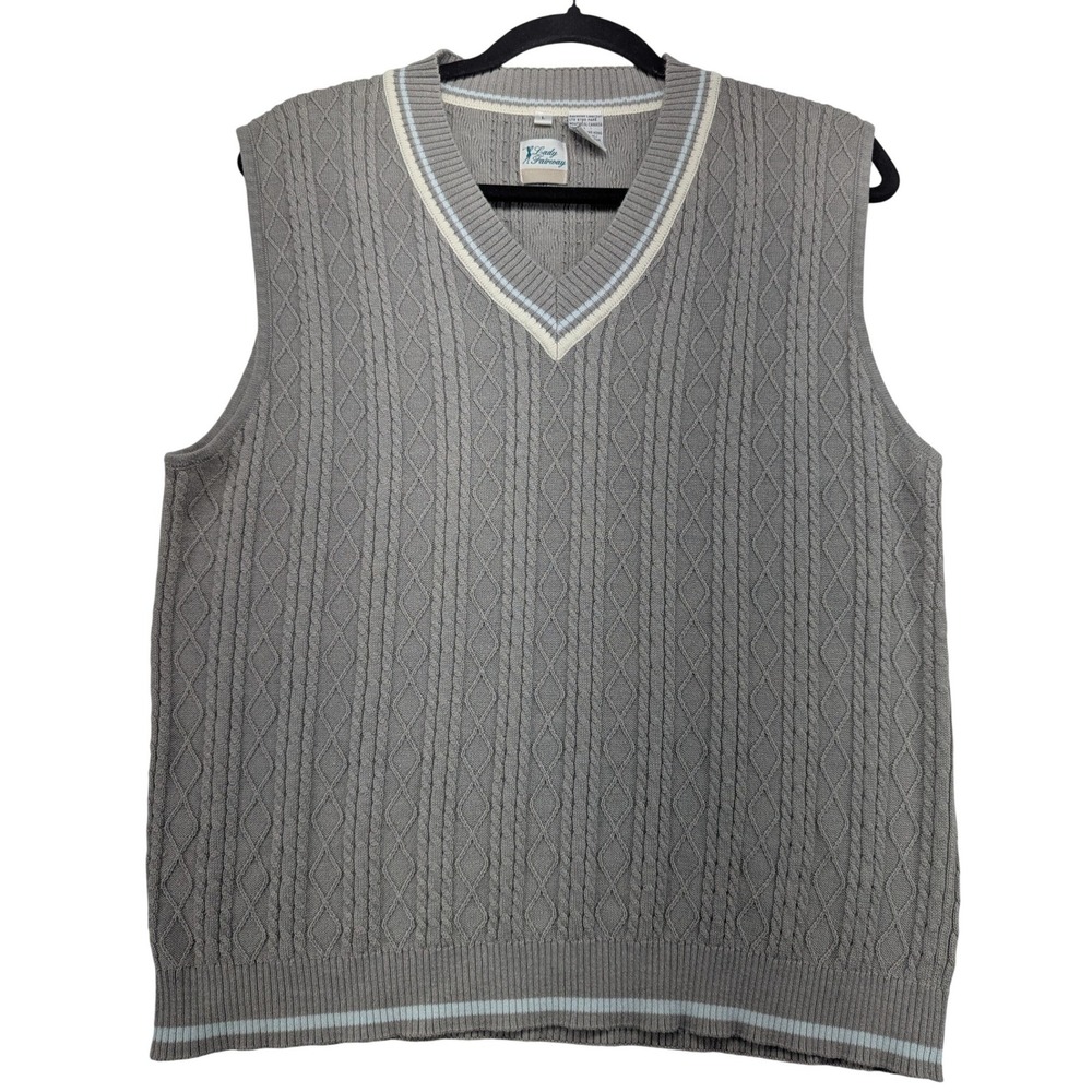 Lady Fairway Vintage Grey Cable Knit V-Neck Golf Sweater Vest Large Striped Trim